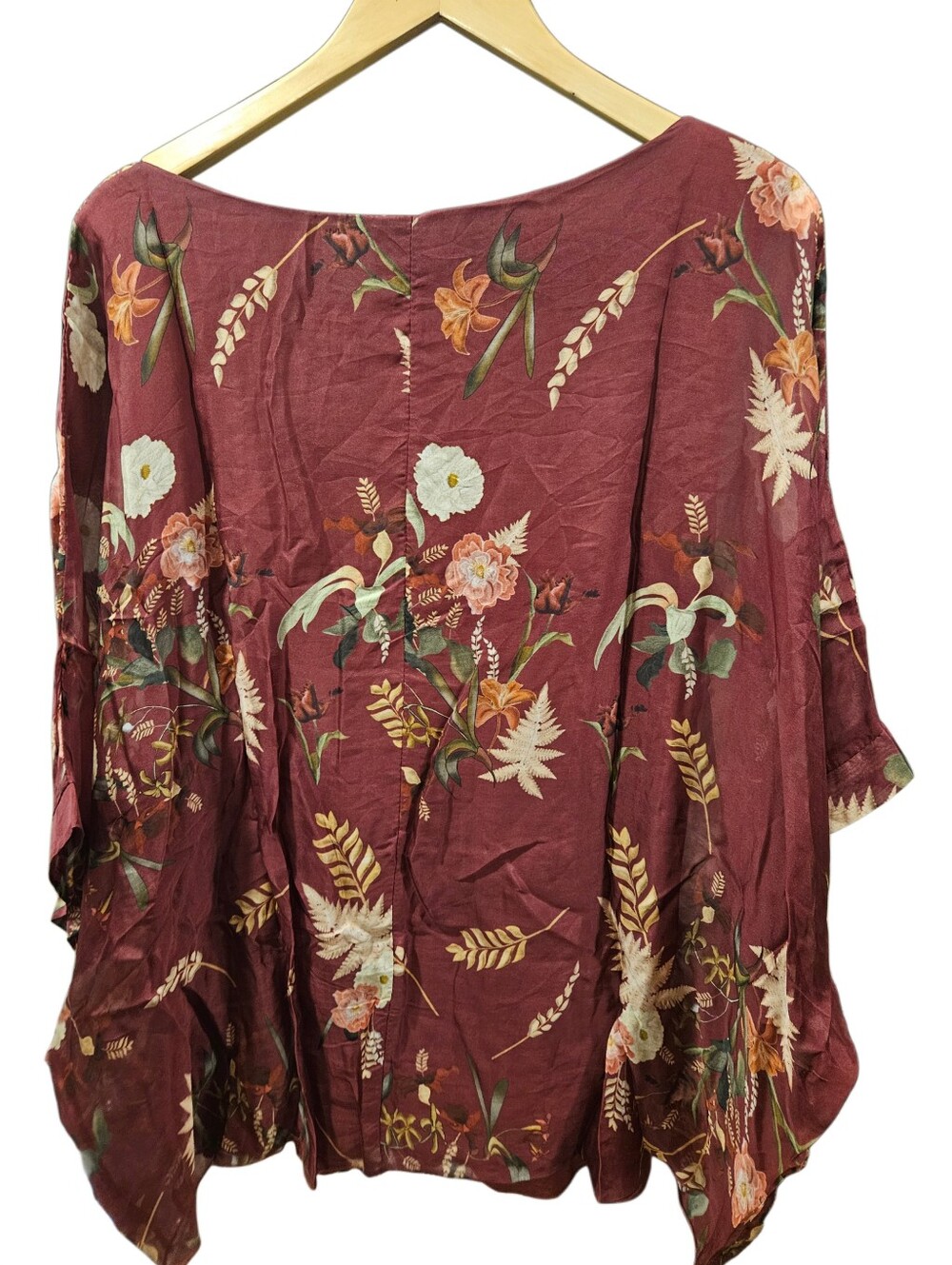 Belle France Italy Silk Blend Floral Batwing Cape Top Burgundy Maroon XL Boho - Picture 3 of 5
